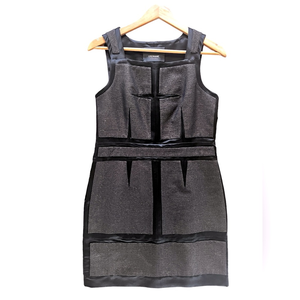 Stephane Cheung Black Satin Gold Thread Sheath Mini Dress Sz M